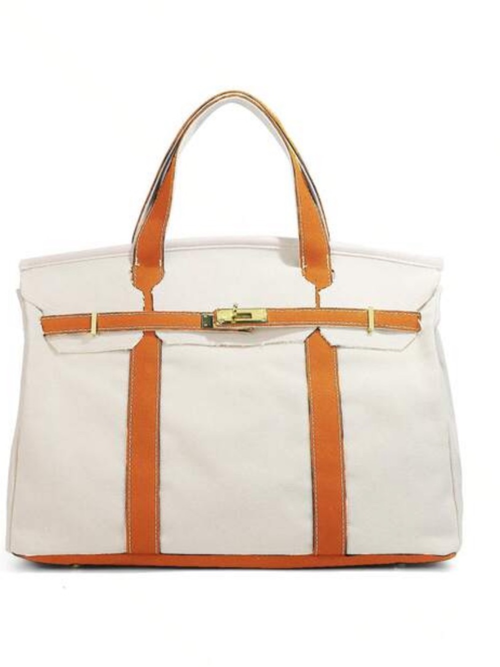 Boatkin Cream and Orange Structured Tote Bag with Gold Accent